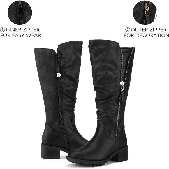 Women's Black Mysoft Knee High Boots Chunky Heel Lug Sole Side Zipper 2 Inch - Picture 2 of 8